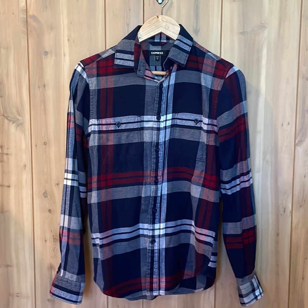 Express Men’s Red White and Blue Plaid Flannel